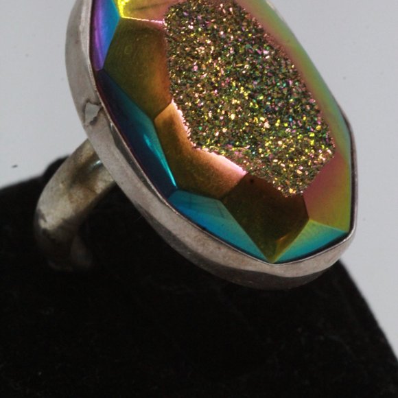 STERLING SILVER OBSIDIAN DRUZY LARGE OVAL SPLIT RING - Picture 6 of 7